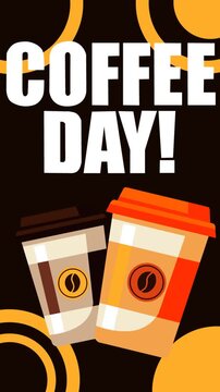 Bold Coffee Day animated background featuring two takeaway coffee cups, warm orange accents, and modern typography