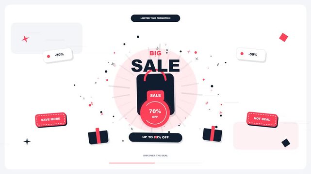 A vibrant promotional advertisement layout showcases a shopping bag alongside bold typography to announce an exciting commerce event featuring significant price reductions for eager online