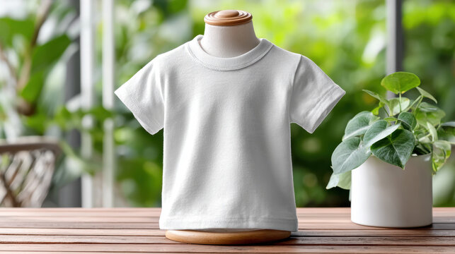 Kids shirt mockup on small mannequin with bright natural window backdrop for children apparel listing, eco lifestyle product page, size demonstration and boutique display