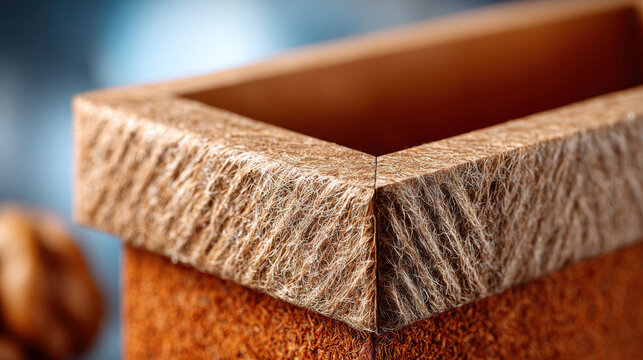 Macro corner closeup of a natural fiber tea box mockup showing rough textured lid and cardboard side, packaging sample for sustainable brand design, label presentation and material study