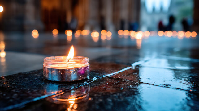 Single tealight candle on wet stone floor with reflected flame for memorial remembrance background and vigil design with cathedral bokeh