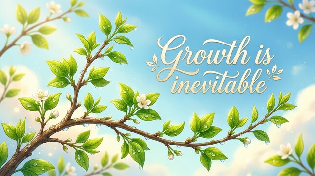 Growth is Inevitable Inspirational Quote with Fresh Green Spring Leaves and White Flowers