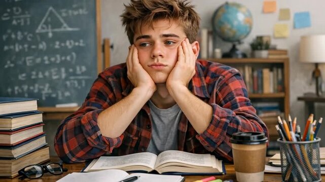 Tired Male Student Resting Head on Hands While Studying Mathematics