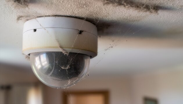 Close-up of a ceiling-mounted security camera covered in dust and cobwebs.