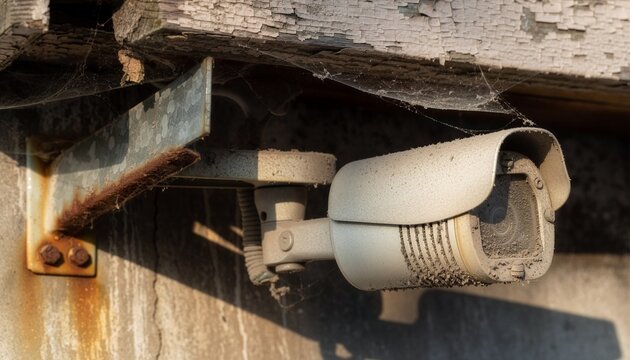 Outdoor CCTV security camera heavily coated with dust, fine gray dust covering the lens, ventilation holes and camera housing.