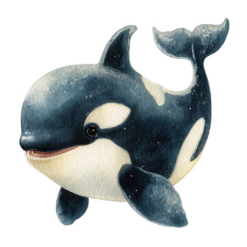 Watercolor orca illustration, cute killer whale clipart in blue and white, marine animal character for kids design isolated PNG with Transparent Background