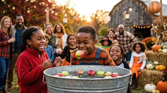 Autumn Harvest Celebration: A lively gathering of family and friends enjoy an autumn festival, with children gleefully bobbing for apples in a large tub.