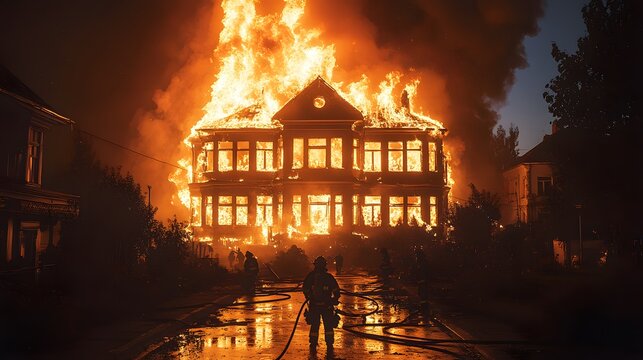 Firefighters battle intense flames engulfing a large residential building at night. Smoke billows, emergency lights flash, and hoses lie ready. Urban disaster scene with urgent rescue action.