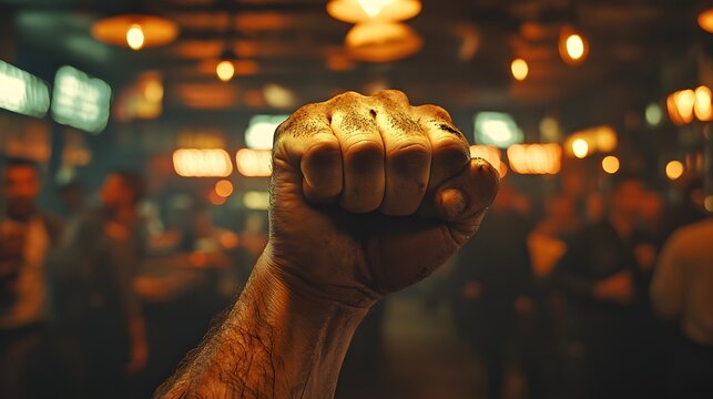 Close-up of a clenched fist raised in a crowded bar with blurred background, conveying tension and emotion. Warm lighting, dynamic composition for action-oriented lifestyle or social media use.