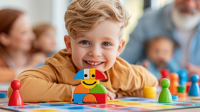 Joyful young boy playing a colorful board game with his family, creating happy childhood memories