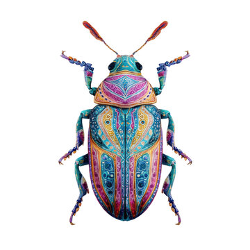 Colorful ornamental beetle illustration, psychedelic insect artwork with intricate patterns, vibrant decorative nature design isolated PNG with Transparent Background