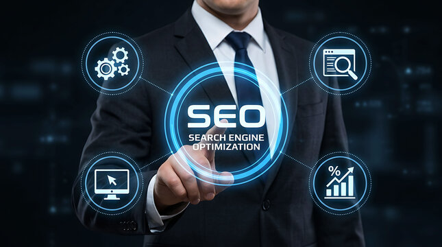 Businessman pressing SEO search engine optimization button on virtual screen