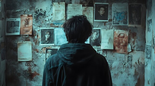 Person standing before wall covered with missing person posters, searching desperately for lost loved one, emotional distress, urban search scene, dark atmosphere, back view portrait.