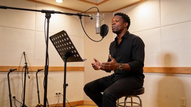 Singing vocalist wearing shirt reading music in studio booth into mic with pop filter, copy space