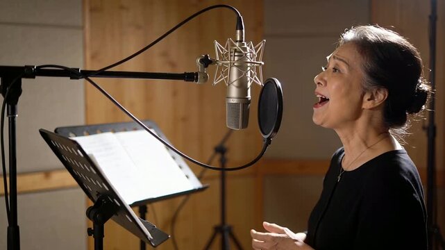 Singing senior Asian vocalist wearing black top, reading music and shaping phrase at mic in studio