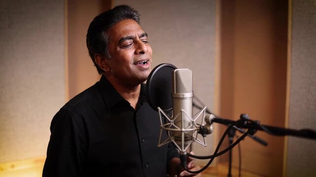 Singing singer in black shirt projecting opening line, gesturing, moving to mic in recording booth