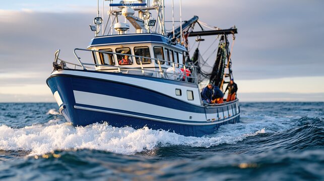 Commercial Fishing Trawler Boat Navigating Through Ocean Waves Under a Cloudy Sky