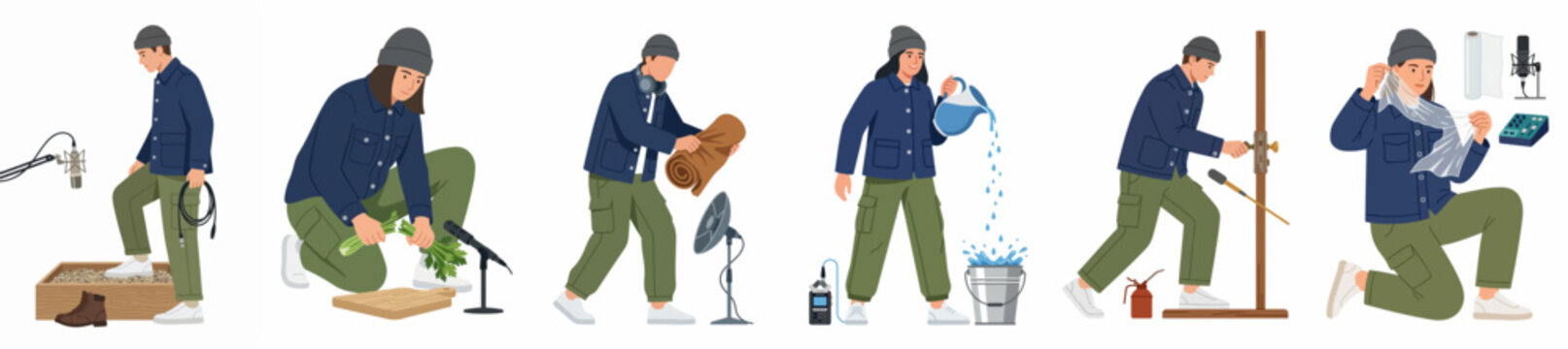 Illustrations of a foley artist creating various sound effects using props like water, doors, and foliage for film and media production.