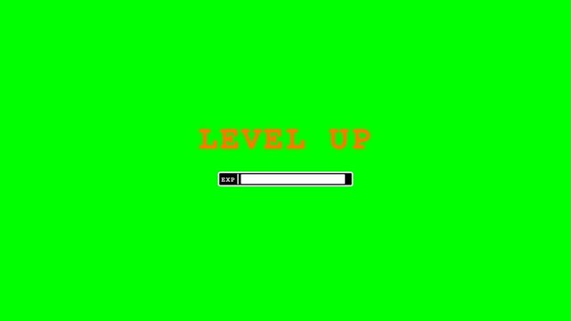 Retro level up text with progress bar loading animation on green screen background