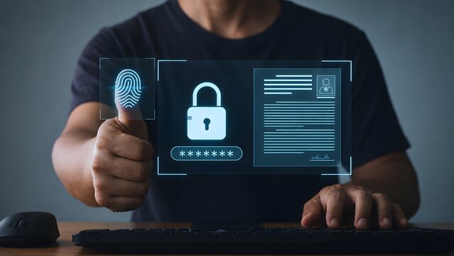 Fingerprint scan provides security access with biometrics identification. Employee confidentiality. access password thru fingerprints for technology security system and prevent hacker concept.