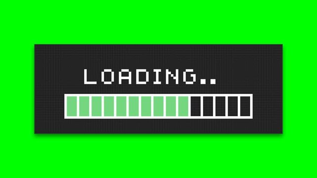 Retro Pixel Art Loading Progress Bar Overlay with Green Screen Background for Video Transition and Gaming Assets