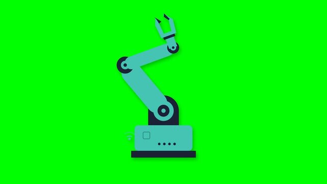 Flat vector robotic arm animation on green screen background for industrial automation