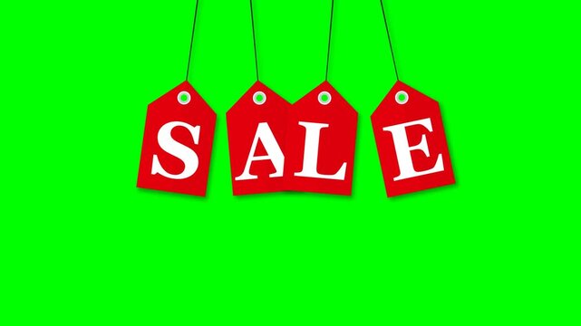 Red sale tags hanging on strings with letters spelling sale over green screen background