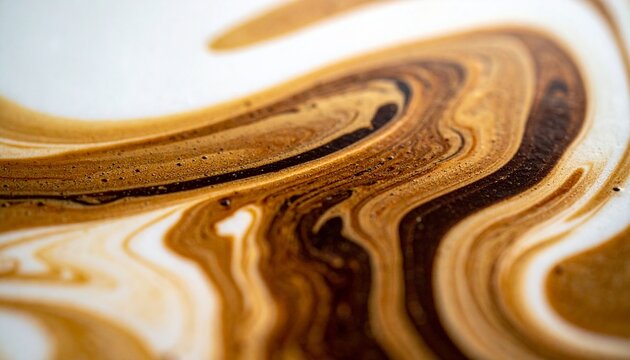 Abstract macro photograph of swirling brown and white liquids, creating an organic, marbled pattern with rich textures and earthy tones