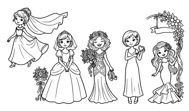 Bride Bridesmaid Wedding Coloring Page Dress Bouquet Veil Tiara Flower Arch Girl Character Set Line Art Illustration