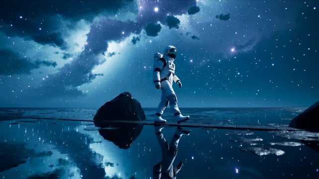 Lifting foot astronaut in suit-backpack walking across still water at alien shore