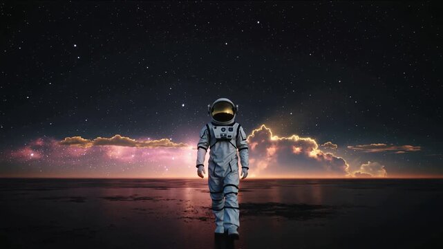 Walking astronaut in suit starting at horizon, approaching camera on reflective plain, gold visor