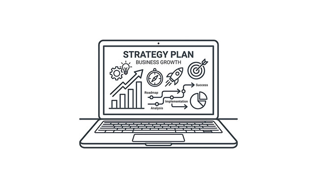 A laptop screen displaying a business strategy plan with various growth icons
