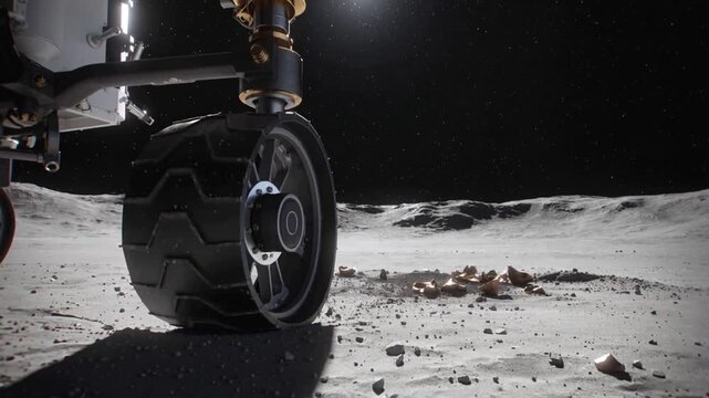 Motor engaging rover wheel hub rolling on lunar regolith, kicking dust to pass debris