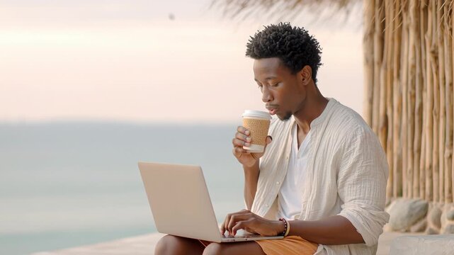 Remote work by the beach: man with laptop and coffee
