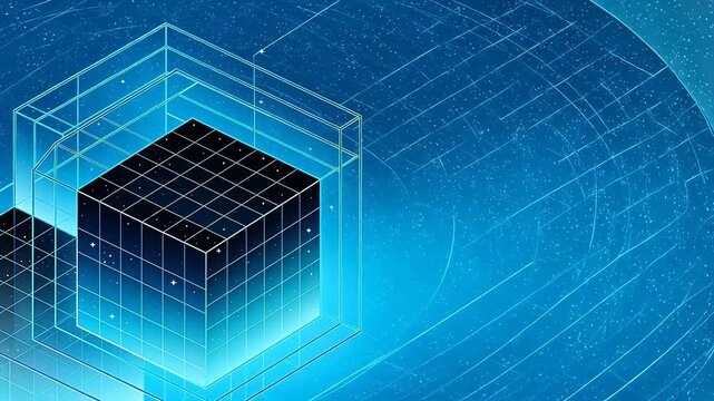 Abstract transparent blue cubes with central glowing grid structure