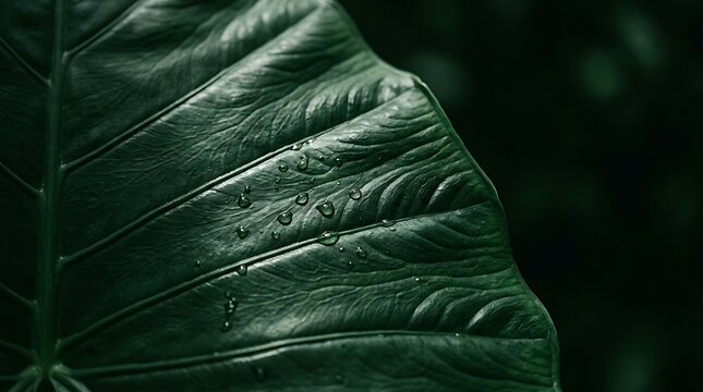 Close up of a large green tropical leaf with raindrops on the surface texture