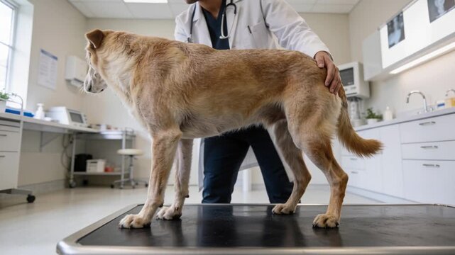 Starting exam, vet in white coat steadying and palpating brown dog in clinic assessing mobility