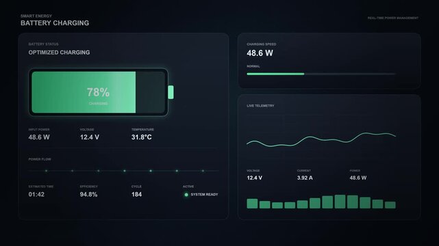 A technical dashboard interface displays real time power consumption metrics and electric energy storage statistics for a smart hardware battery charging system within a functional computing