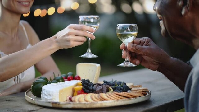 Lifting glasses, woman in sleeveless dress, man in dark top toasting meal at dusk with platter