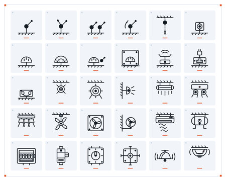 Electrical layout plan symbols line icon set with switches sockets ceiling lights fans air conditioner distribution board and MCB for house wiring drawings