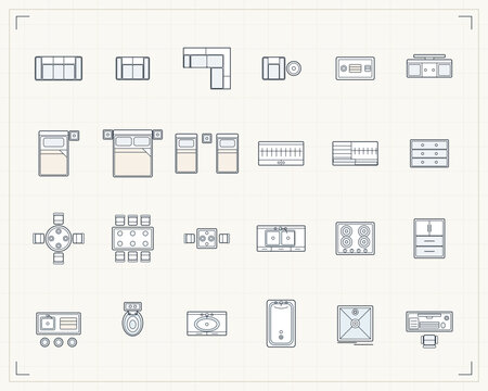 Architectural floor plan furniture symbols top view set with sofas beds dining tables kitchen counter bathroom fixtures and wardrobes line icons