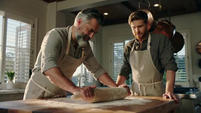 Placing rolling pin, senior man teaching son rolling dough in home kitchen, both in aprons