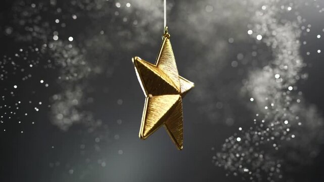 Rotating gold five-point star ornament on thin white cord in studio, breeze initiating swing