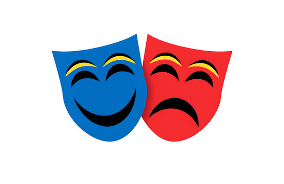 Flat vector illustration of green smiling comedy mask and red sad tragedy mask on white background.