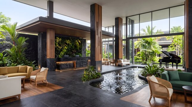 Luxury resort lobby with indoor pool, tropical garden, and piano