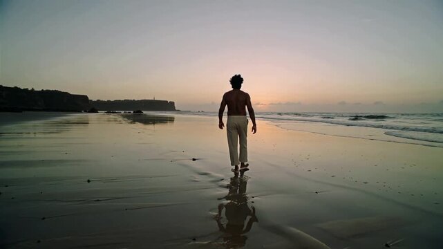 Walking shirtless man wearing rolled trousers crossing wet sand at sunrise, leaving footprints