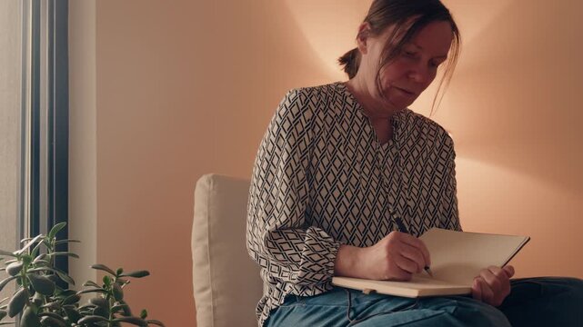 Middle-aged woman writing notes in notebook while sitting at home, reflective and productive evening scene, 4K