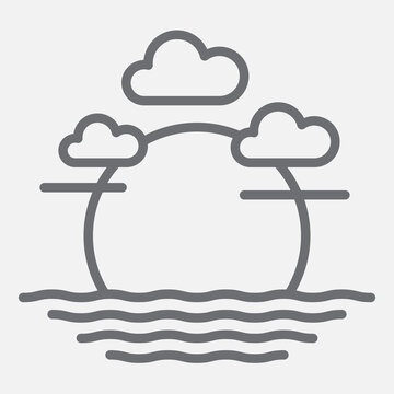 Sunset with clouds at sea line icon, dusk concept. Vector graphics. Evening sky sign with outline style icon for mobile or web