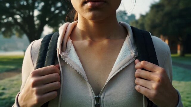 Adjusting woman tightening dark backpack straps in park at dawn, preparing morning walk with hoodie