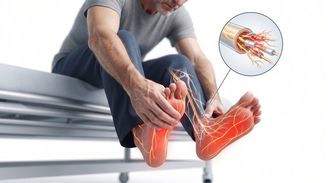 Painful diabetic neuropathy affecting feet with highlighted peripheral nerves and enlarged nerve damage cross section medical illustration 